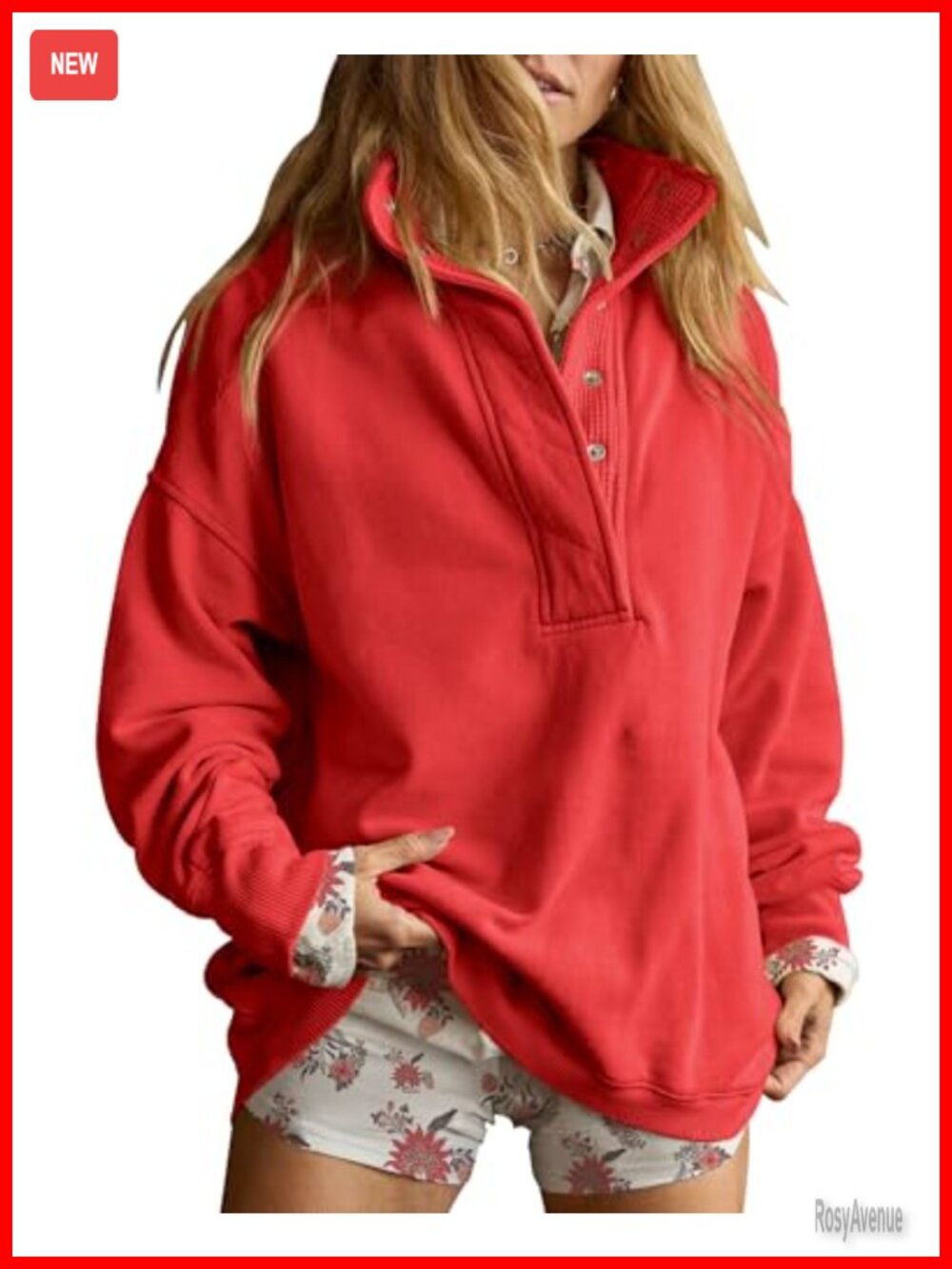Oversized Henley Neck Sweatshirt Cotton Blend Drop Shoulder Pullover